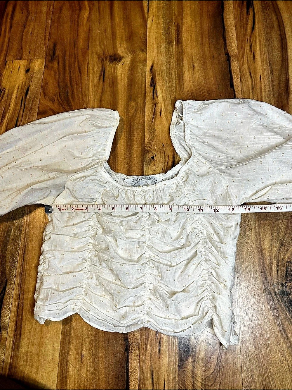 Zara M Ivory Swiss Dot Ruched Crop Top Bell Sleeve Square Neck Boho Cottagecore - Picture 6 of 9